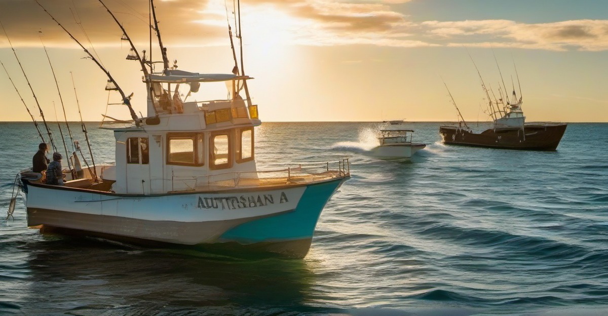 A charter boat working the turquoise water inside Ningaloo Reef with the red ranges of Cape Range National Park behind